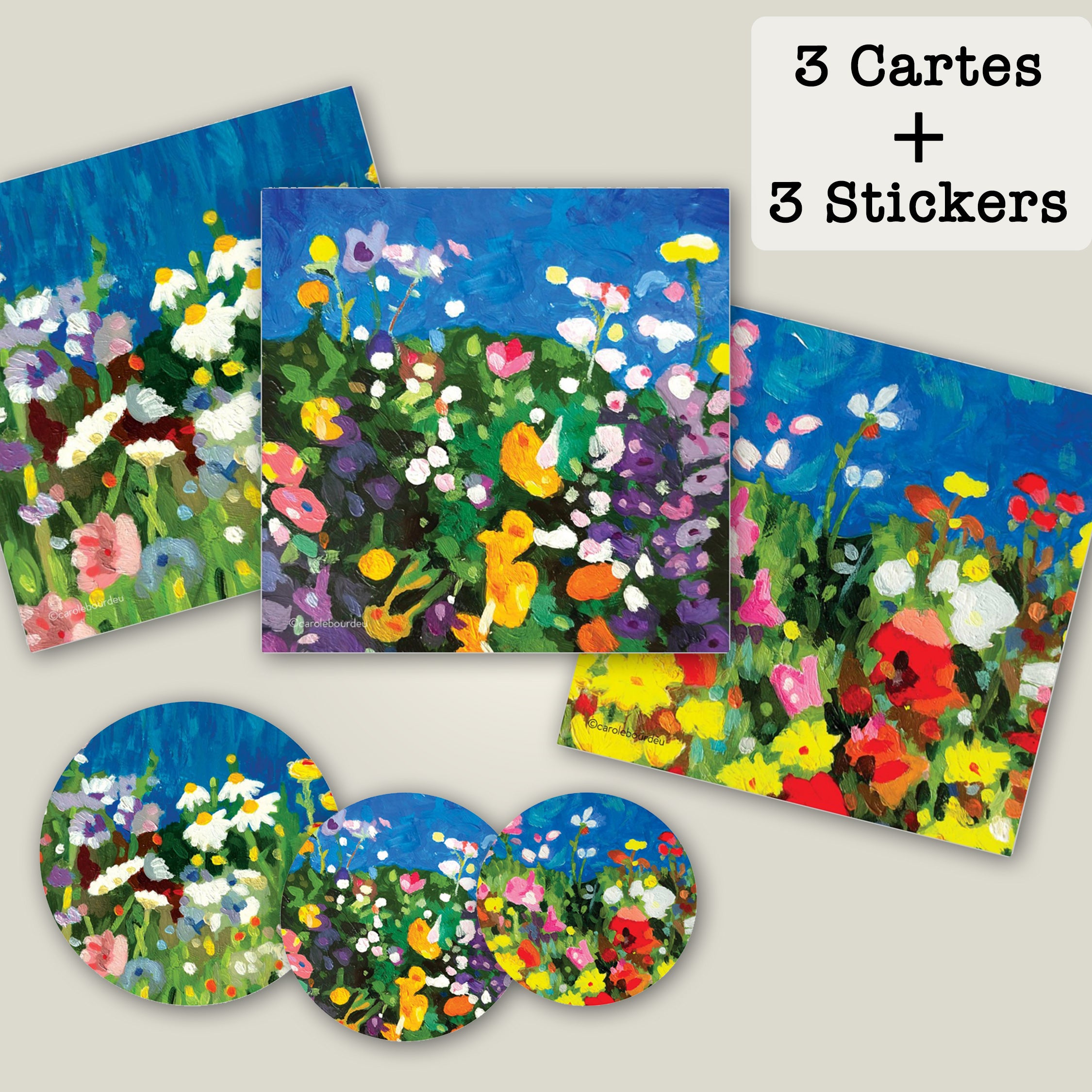 Lot de 3 cartes et 3 stickers Fleurs1